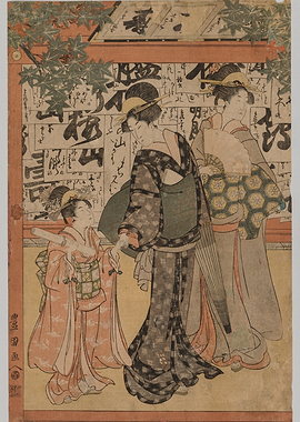 Ukiyo-e print of women in traditional Japanese attire