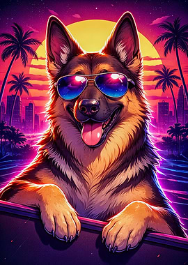 Retro German Shepherd with Sunglasses