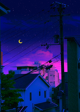 Cyberpunk Night Sky Over City