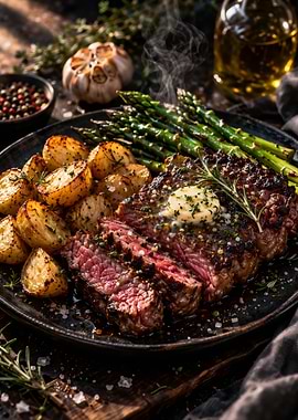 Gourmet Steak Dinner with Potatoes and Asparagus