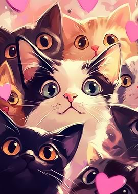 Group of Cute Cats with Hearts