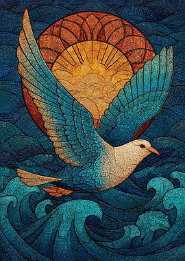 Seagull flying over waves at sunset