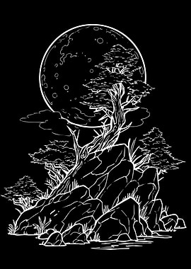 Moonlit Bonsai and Rocks
