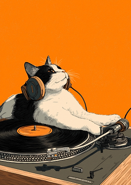 DJ Cat with Headphones on Turntable
