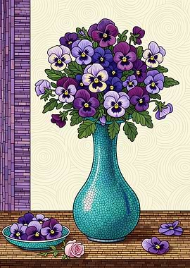 Vase of Pansies with Rose
