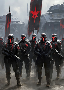 Mandalorian-inspired soldiers with red insignia