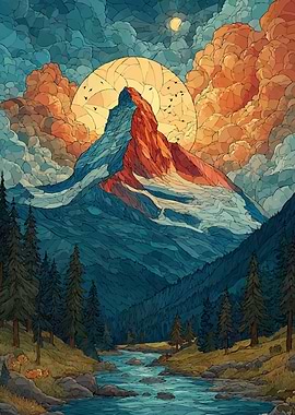 Mountain Landscape with River and Sun