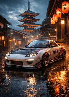 Tuned Japanese Sports Car in Rainy Kyoto