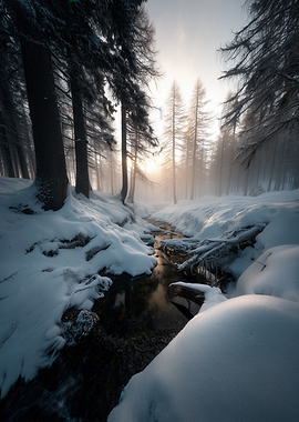Winter Forest Stream at Sunrise