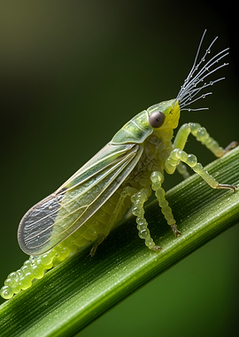 Green insect with beaded eggs