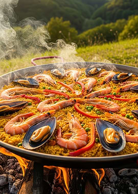 Paella cooked over an open fire