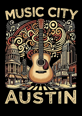 Austin Texas Music City Guitar Art