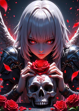 Gothic Angel with Rose and Skull