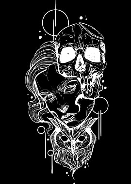 Skull, Woman, and Owl Illustration