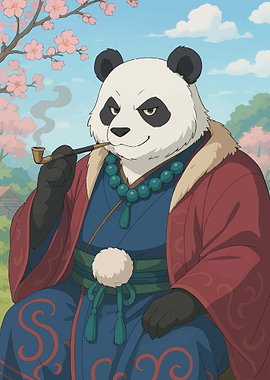Panda smoking pipe with cherry blossoms