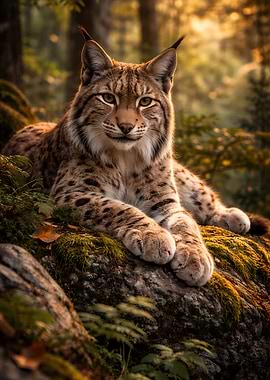 Lynx resting on mossy rocks in forest