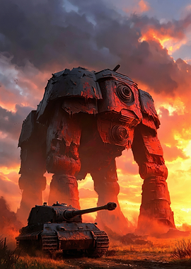 Giant Mech and Tank in Fiery Sunset