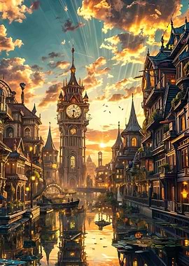 Steampunk Cityscape at Sunset