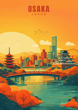 Osaka Cityscape with Bridge and Pagoda