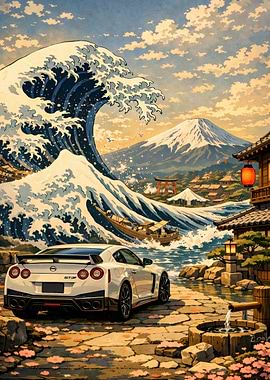 Nissan GT-R with Great Wave and Mt. Fuji