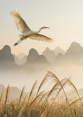 Egret flying over misty mountains