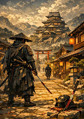 Samurai warrior in a Japanese village