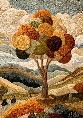 Textile Style Autumn Tree Landscape