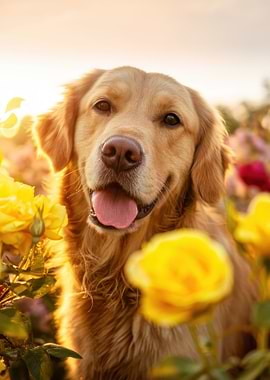 Golden Retriever in a Rose Garden
