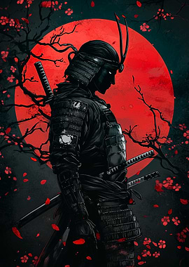 Samurai Warrior Under a Red Moon
