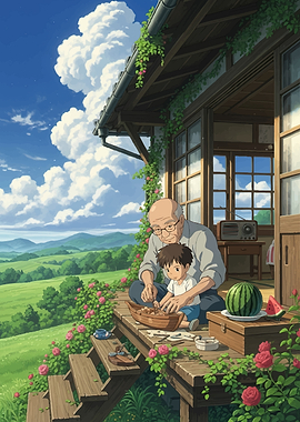 Grandfather and grandson building a boat