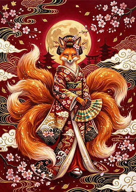 Kitsune in Kimono with Cherry Blossoms