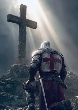 Knight Kneeling Before a Cross