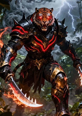 Tiger Warrior with Fiery Swords