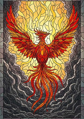 Stained Glass Phoenix Rising from Flames