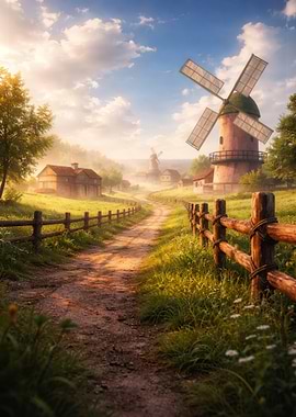 Rural landscape with windmill and path