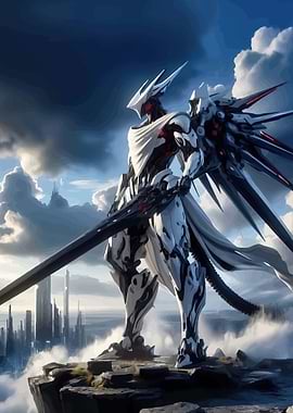 Mecha Warrior with Sword on Cliff