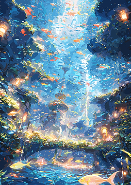 Underwater Fantasy World with Fish and Lanterns