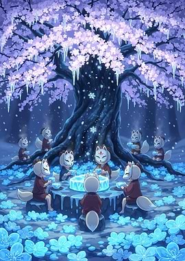 Kitsune Gathering Under Cherry Blossom Tree