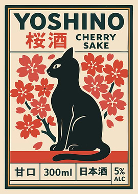 Yoshino Cherry Sake Poster, Vintage Japanese Cat Art, Sakura Label Wall Print