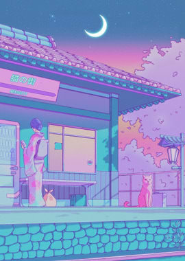 Retro Anime Train Station at Night