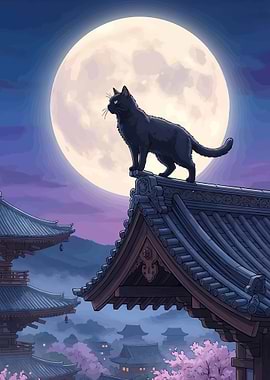 Black Cat on Temple Roof Under Moon