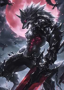 Werewolf Warrior with Red Moon