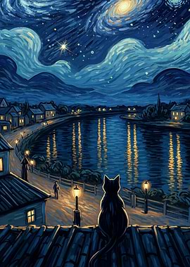 Cat on a rooftop overlooking a Van Gogh-style night cityscape