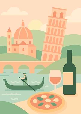 Italian Landscape with Food and Drink