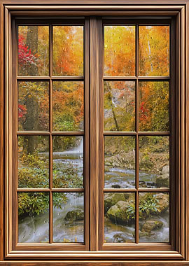 Autumn Forest Waterfall Through Window