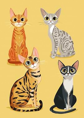Four Cute Cartoon Cats