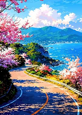 Scenic Coastal Road with Cherry Blossoms