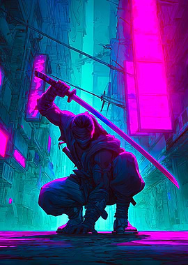 Cyberpunk Ninja Katana Neon City