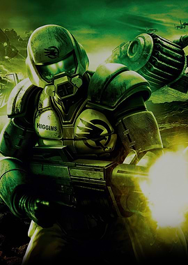 Soldier in green armor firing weapon