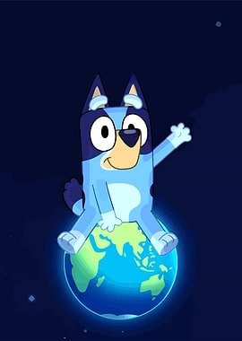 Bluey sitting on Earth in space